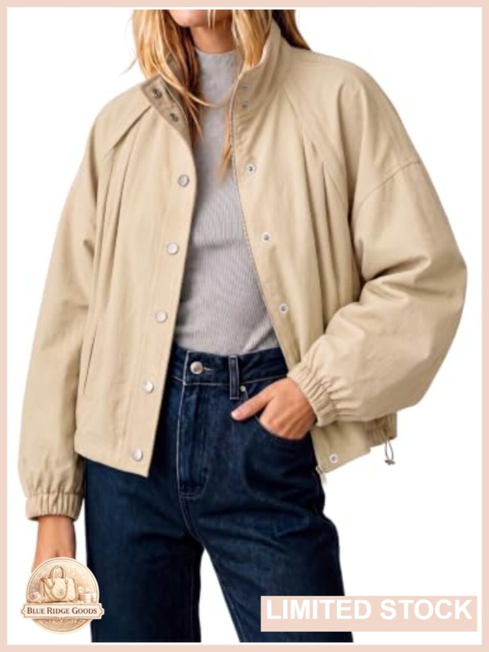 Cropped Bomber Jacket Button Down Stand Collar Loose Fit Casual Coat